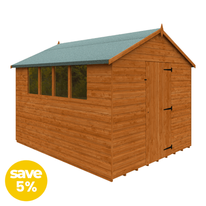 Wooden shed with a green roof on a white background, featuring a 'save 5%' label.