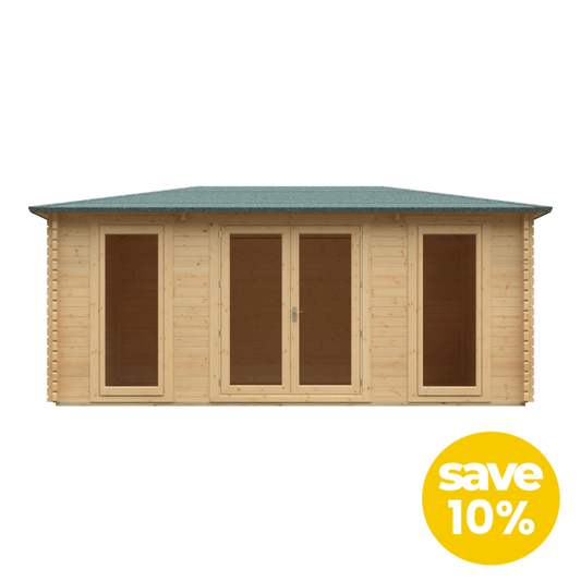 Wooden shed with a green roof on a white background, featuring a 'save 10%' label.