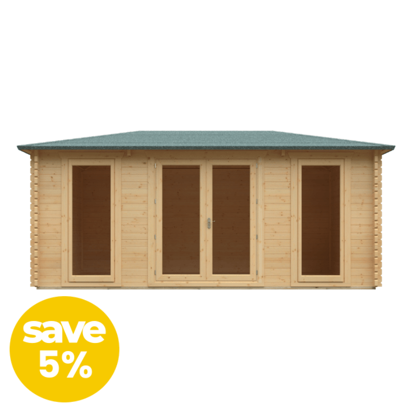 Wooden shed with a green roof on a white background, featuring a 'save 5%' badge.