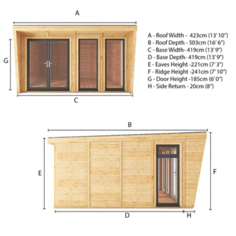 Measurement chart of a wooden shed with dimensions labeled
