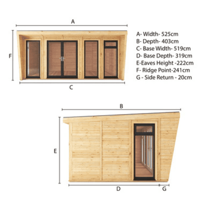 Dimensions of a wooden cabin with labeled measurements on a white background