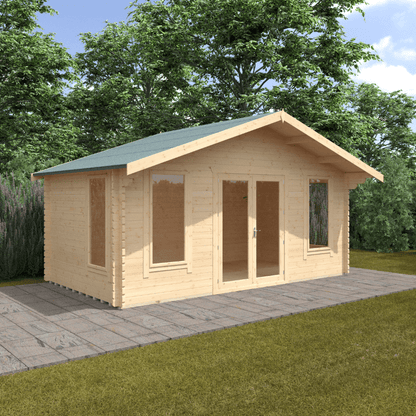 Wooden cabin with a green roof in a garden setting