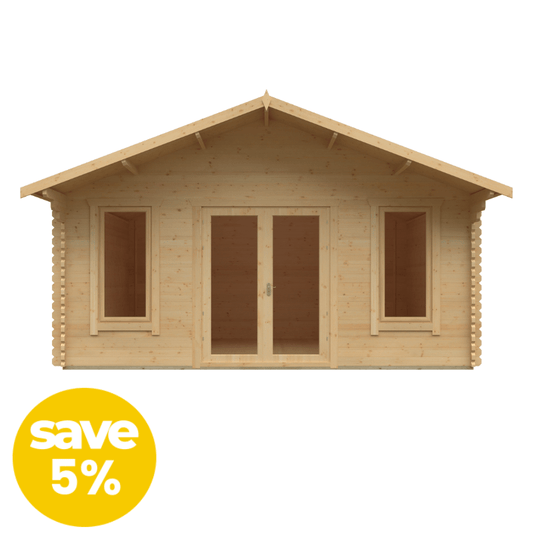 Wooden cabin with a 'save 5%' label on a white background