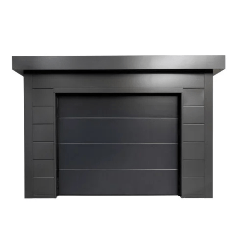 Modern black garage door with a white background
