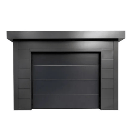 Modern black garage door with a white background