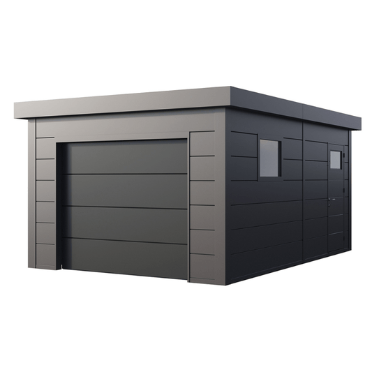 Gray sectional garage door on a white background