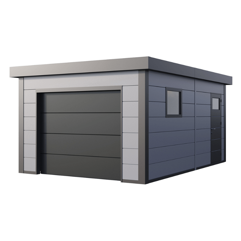 Modern garage with gray sectional door on a white background