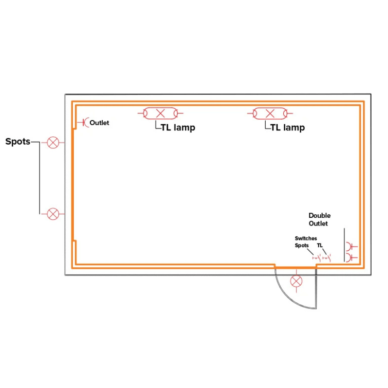 Floor plan diagram with labeled fixtures for a room layout.