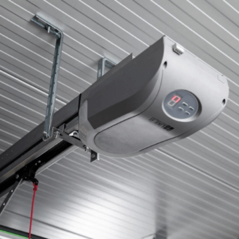 Garage door opener mounted on a metal ceiling