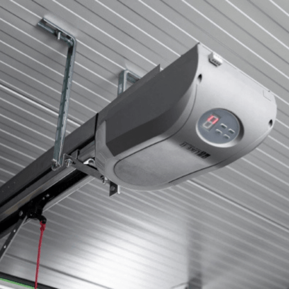 Garage door opener mounted on a metal ceiling