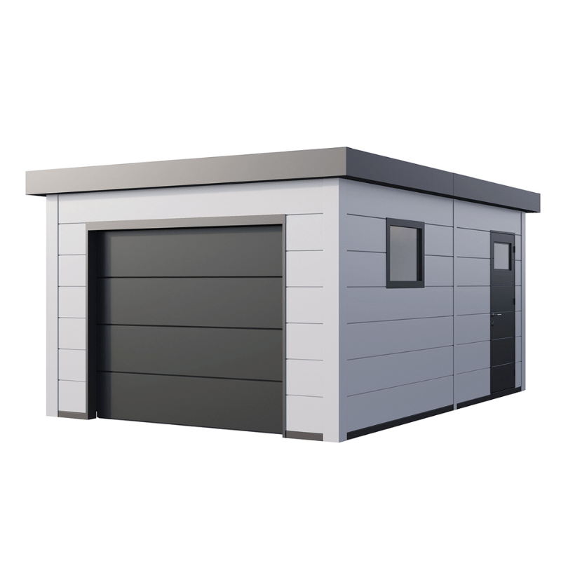 Modern garage with gray sectional door and white walls on a white background