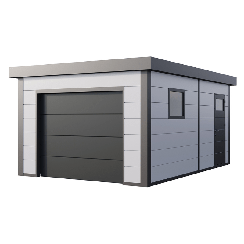 Modern garage with gray sectional door and white and gray exterior on a white background