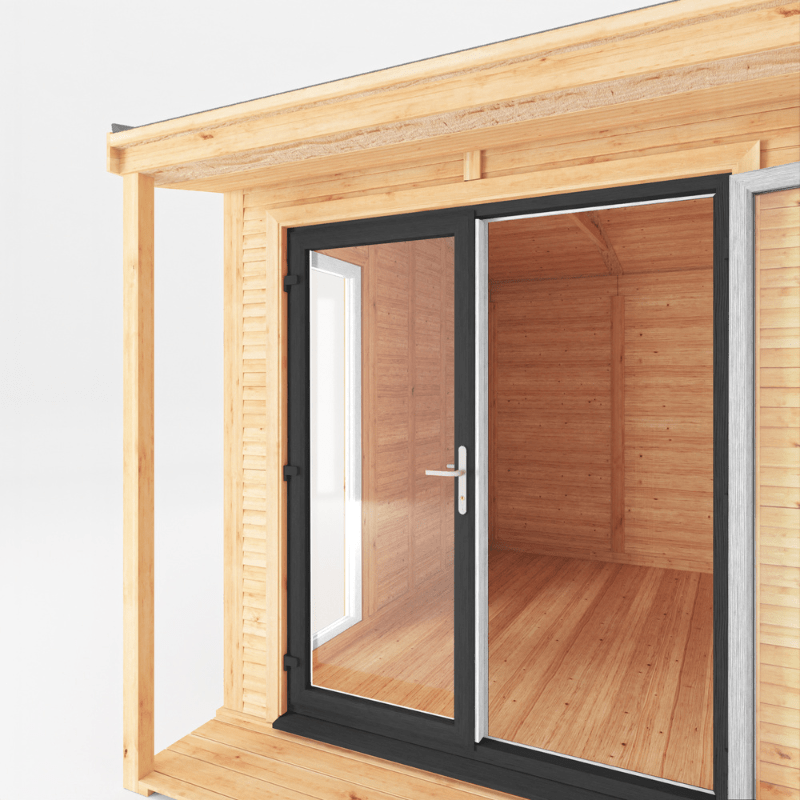 Wooden cabin with a sliding glass door on a white background