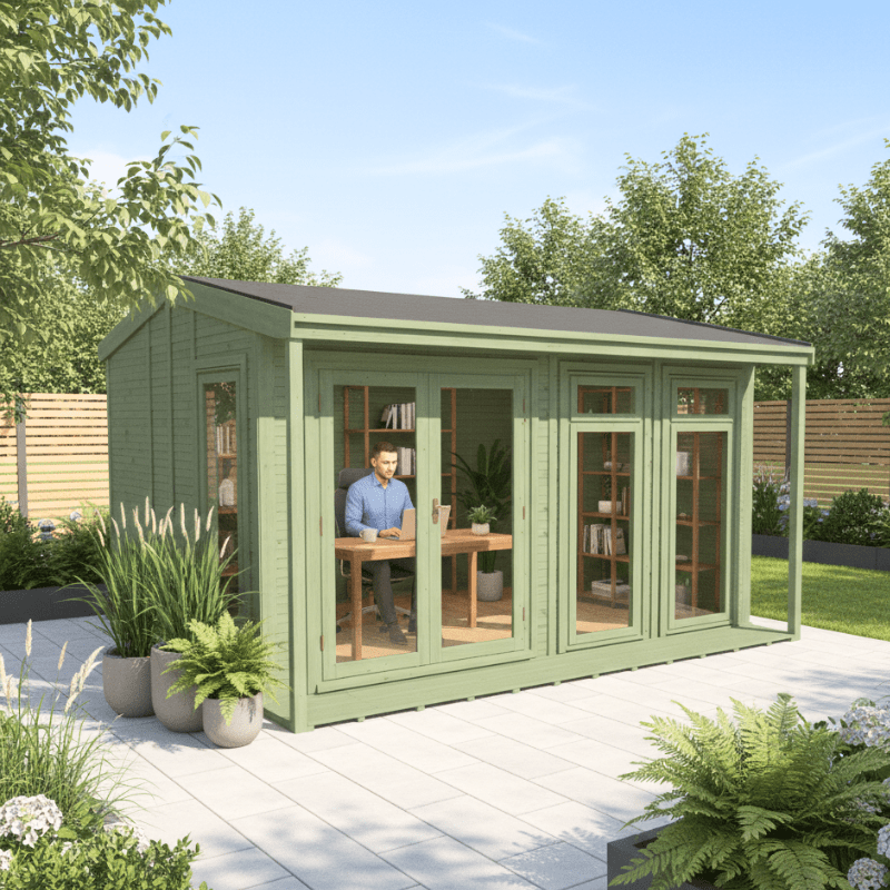 Green garden office with glass doors and windows, surrounded by plants and a clear sky.