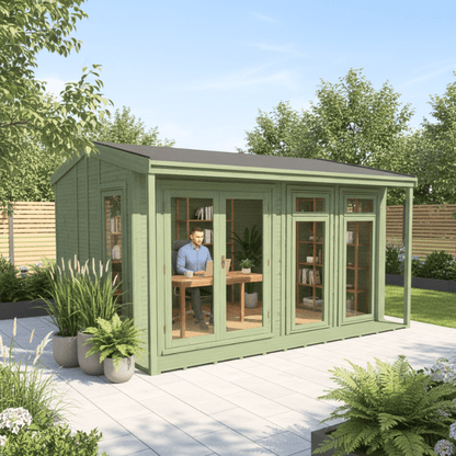 Green garden office with glass doors and windows, surrounded by plants and a clear sky.