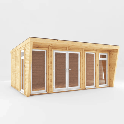 Wooden cabin with glass doors and windows on a white background