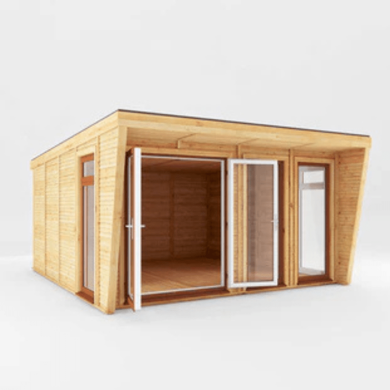 Wooden cabin with open door on a white background