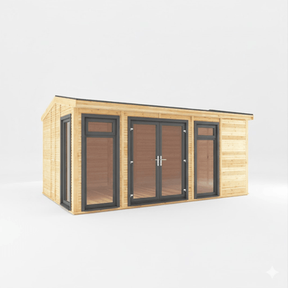 Wooden cabin with glass doors and windows on a white background