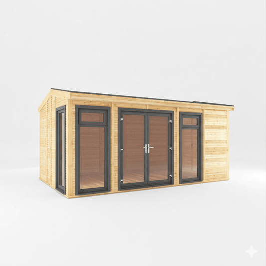 Wooden cabin with glass doors and windows on a white background