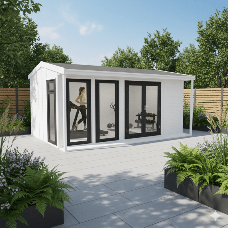 White garden office with glass doors in a garden setting