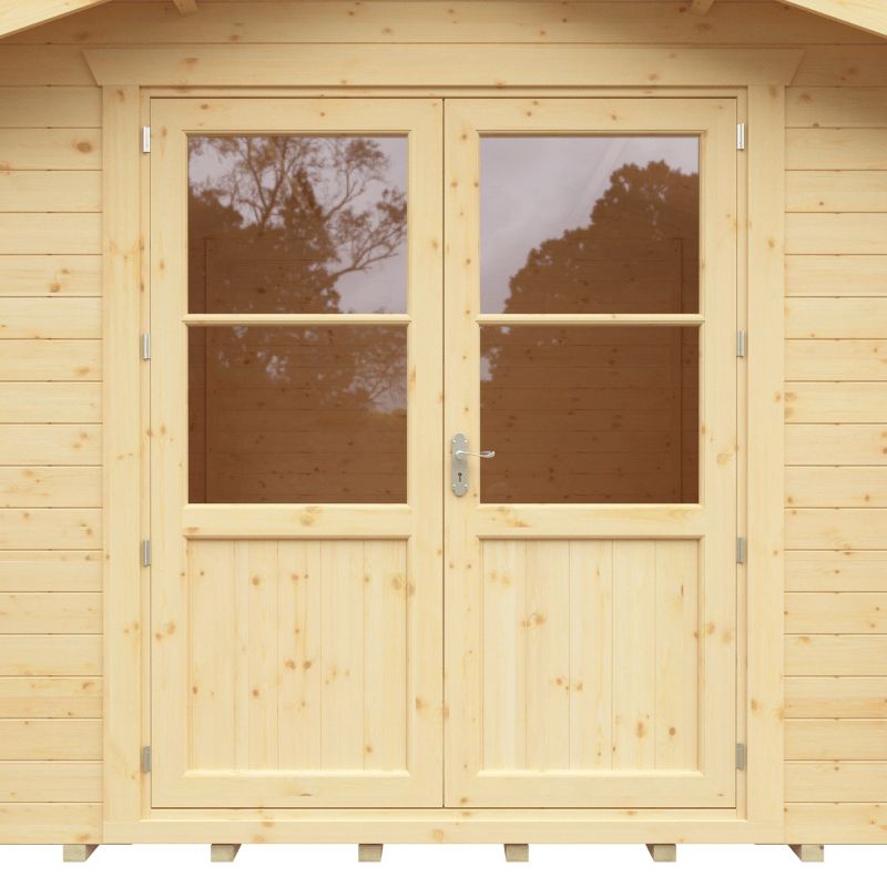Wooden shed with double doors featuring glass panels