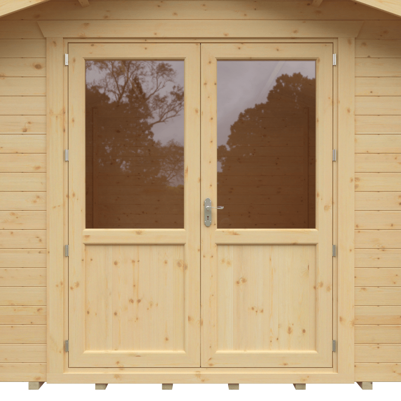 Wooden shed with double doors featuring glass panels