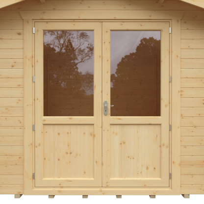 Wooden shed with double doors featuring glass panels