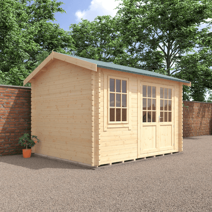 Wooden shed with a green roof in a garden setting
