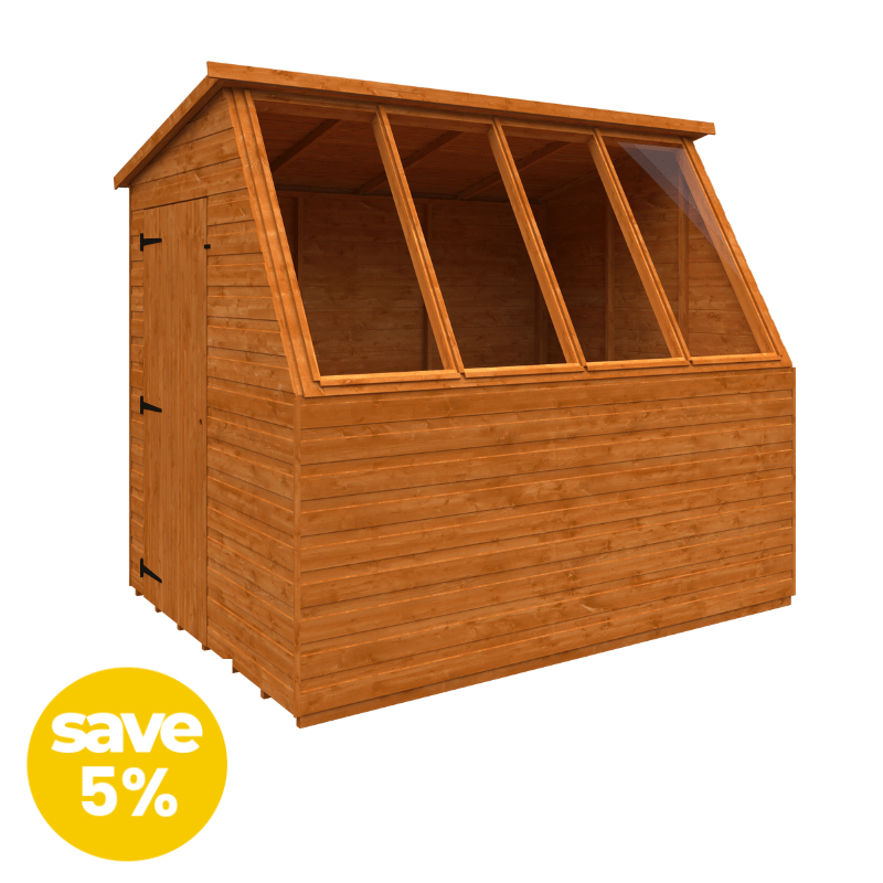 Wooden shed with a discount label on a white background