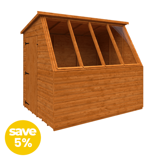 Wooden shed with a discount label on a white background