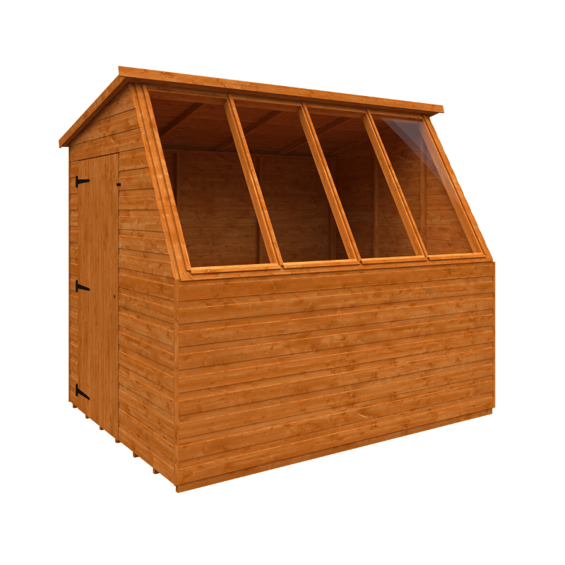Wooden potting shed with glass panels on a white background