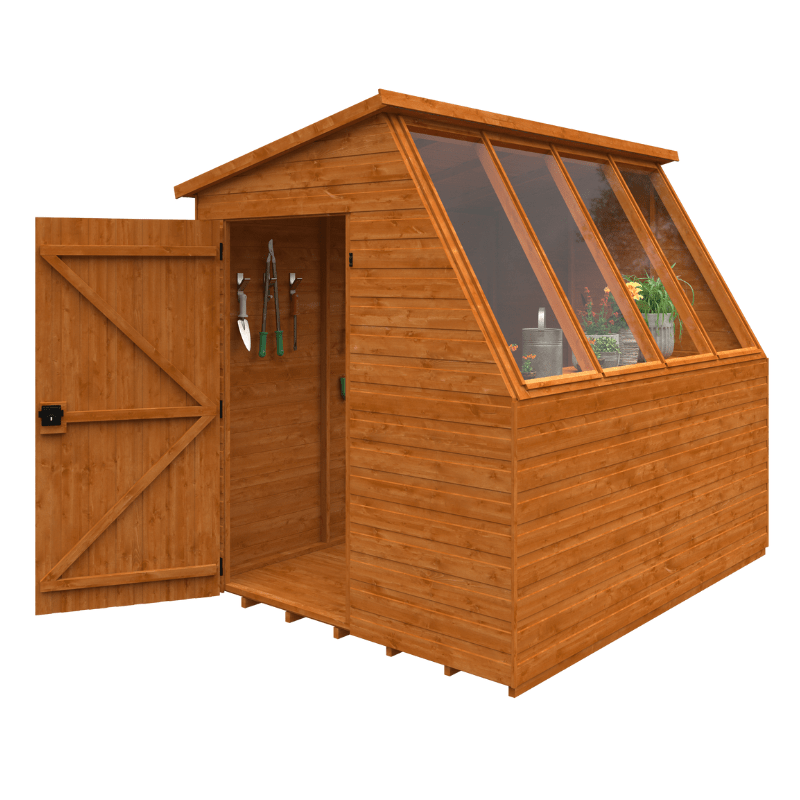 Wooden potting shed with glass panels on a white background