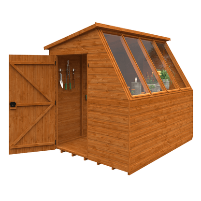 Wooden potting shed with glass panels on a white background