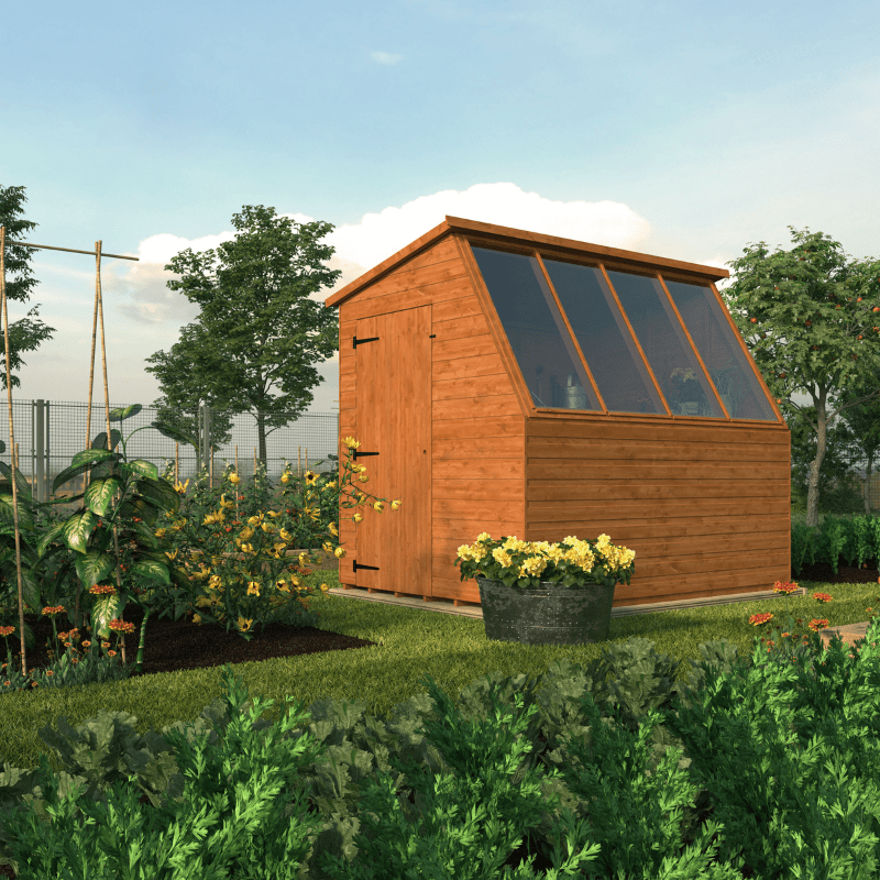 Wooden shed with glass panels in a garden setting