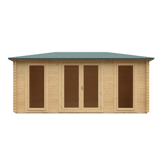 Wooden cabin with a green roof on a white background