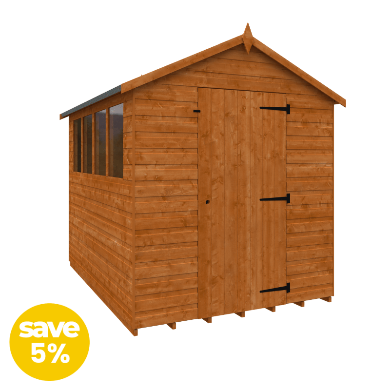 Wooden shed with a door on a white background, featuring a 'save 5%' label.