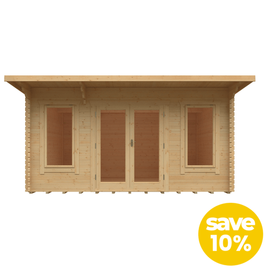 Wooden cabin with a discount label on a white background