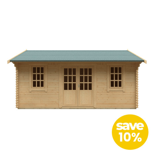 Wooden cabin with a green roof on a white background, featuring a 'save 10%' label.