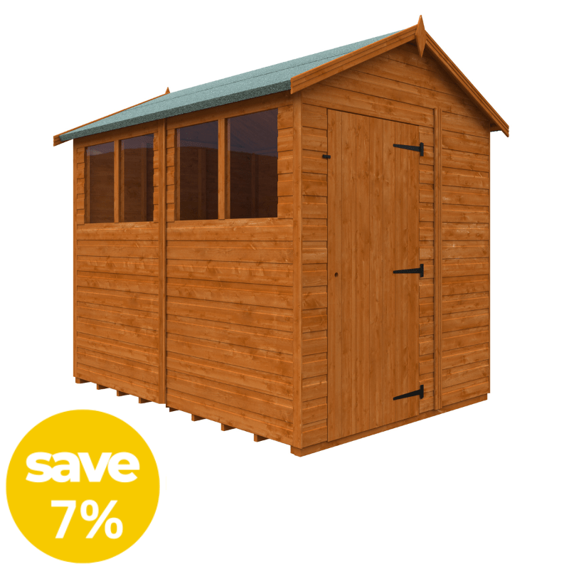 Wooden shed with a sale label indicating a 7% discount on a white background