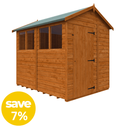 Wooden shed with a sale label indicating a 7% discount on a white background