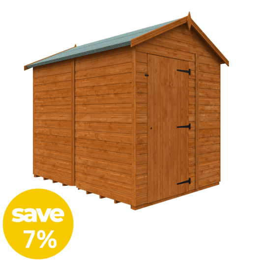 Wooden shed with a green roof on a white background, featuring a 'save 7%' label.