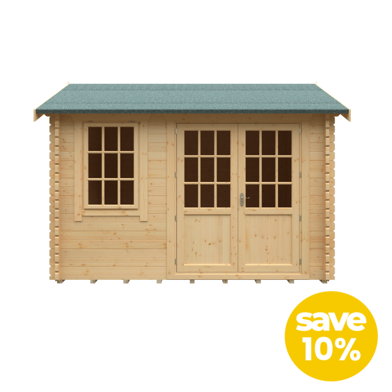 Woodlands Henley 44mm Garden Log Cabin | Georgian Windows &amp; Doors | UK Made Office or Retreat save 10% label