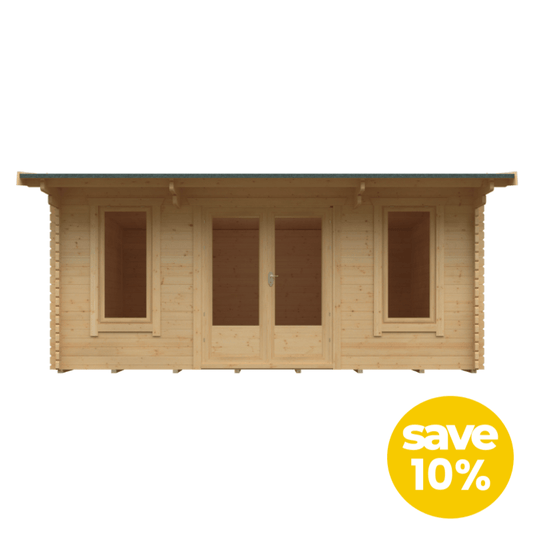 Wooden cabin with a 'save 10%' label on a white background