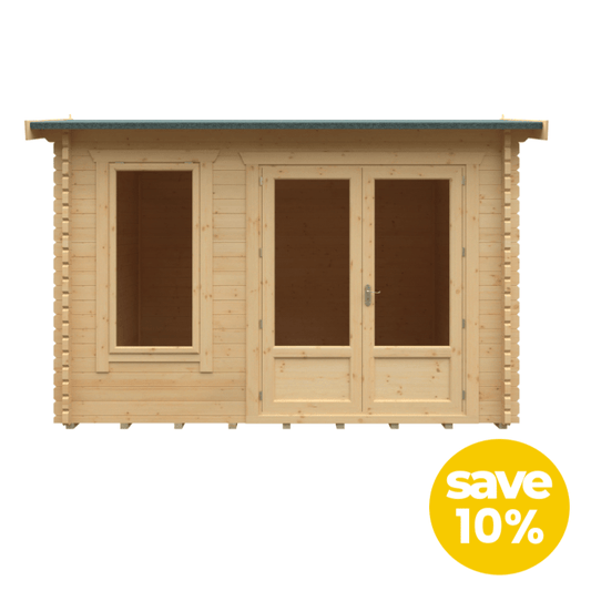 Wooden cabin with a door and two windows on a white background, featuring a 'save 10%' label.