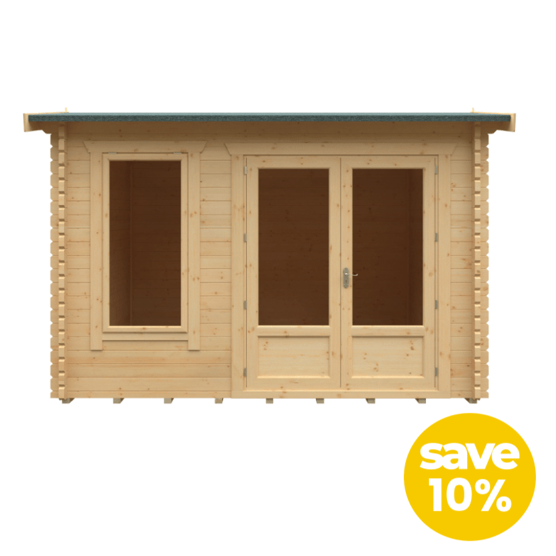Woodlands Longleat 44mm Premium Log Cabin Heavy Duty Garden Building With Toughened Glazed Windows &amp; Door save 10% label