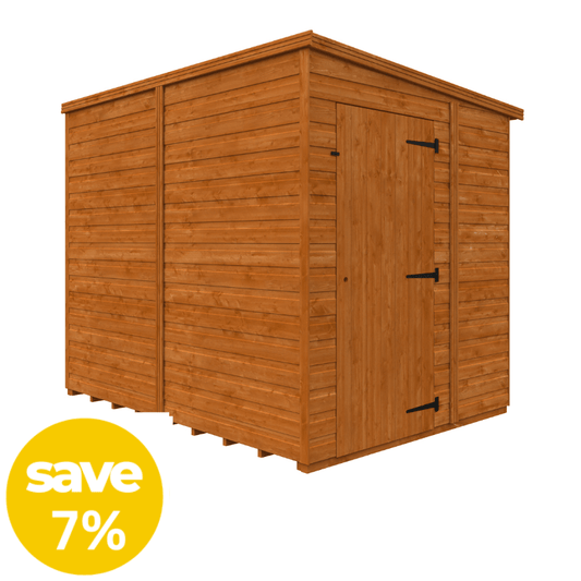 Wooden shed with a 'save 7%' label on a white background