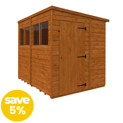 Wooden shed with a door and windows on a white background, featuring a 'save 5%' label.