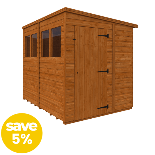 Wooden shed with a door and windows on a white background, featuring a 'save 5%' label.