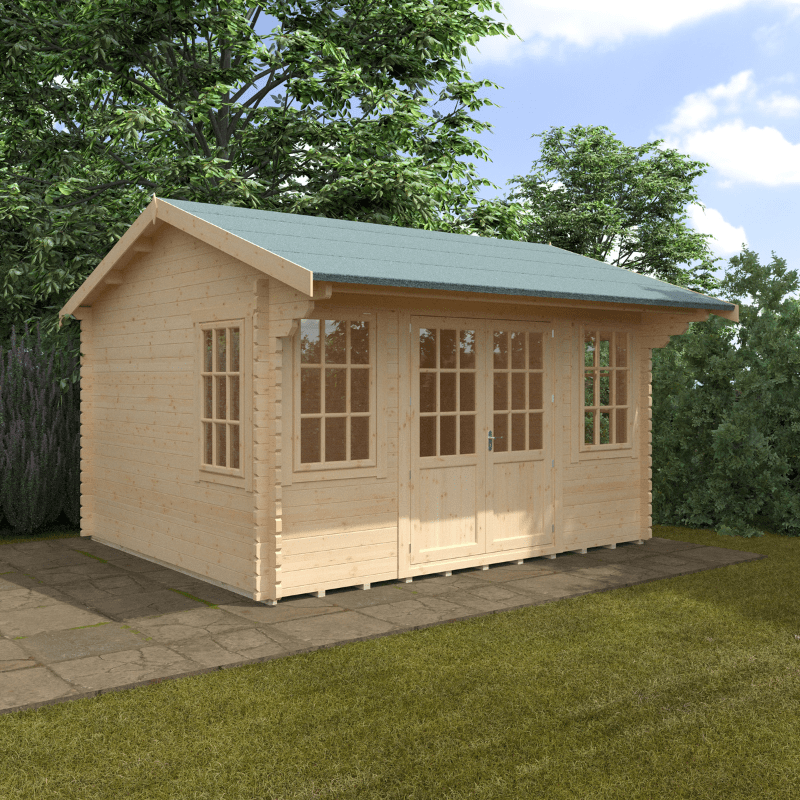 Wooden cabin with a green roof on a grassy area with trees in the background