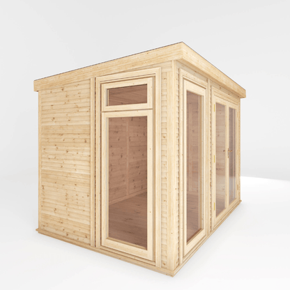 Wooden shed with glass panels on a white background